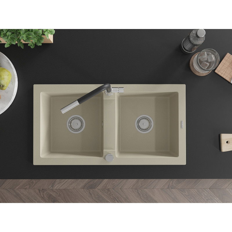 Mexen Mario granitinė 2-skylių plautuvė su virtuviniu maišytuvu Flora, smėlio spalvos - 6504-69-670401-07