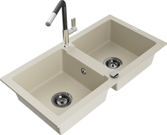 Mexen Mario Granitinis dviejų kamerų plautuvė su Flora virtuviniu maišytuvu, smėlio spalvos - 6504-69-670401-07-B
