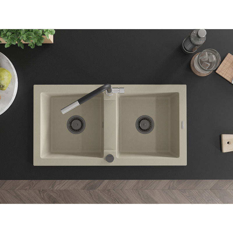 Mexen Mario Granitinis dviejų kamerų plautuvė su Flora virtuviniu maišytuvu, smėlio spalvos - 6504-69-670401-07-B