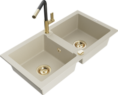 Mexen Mario granitinis dviejų skyrių plautuvas su virtuviniu maišytuvu Flora, smėlio spalvos - 6504-69-670401-57-G