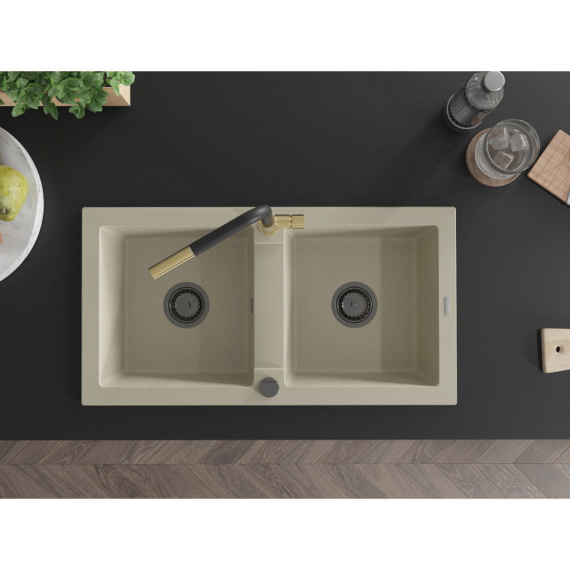 Mexen Mario granitinė virtuvės kriauklė su dviem kameromis su virtuvės maišytuvu Flora, smėlinis - 6504-69-670401-57-B
