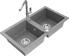 Mexen Mario granito virtuvės plautuvė su dviem dubenimis ir maišytuvu Flora, pilka - 6504-71-670401-06