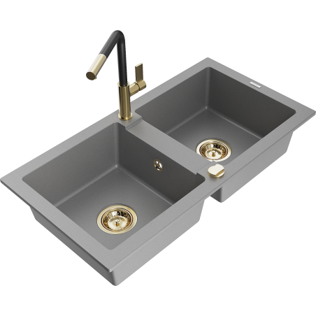 Mexen Mario granitinė dviejų skyrių kriauklė su Flora maišytuvu, pilka - 6504-71-670401-57-G
