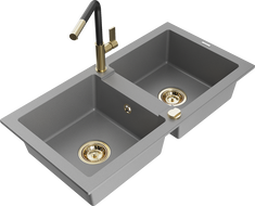 Mexen Mario granito dviejų dubenų virtuvės kriauklė su Flora maišytuvu, pilka - 6504-71-670401-57-G