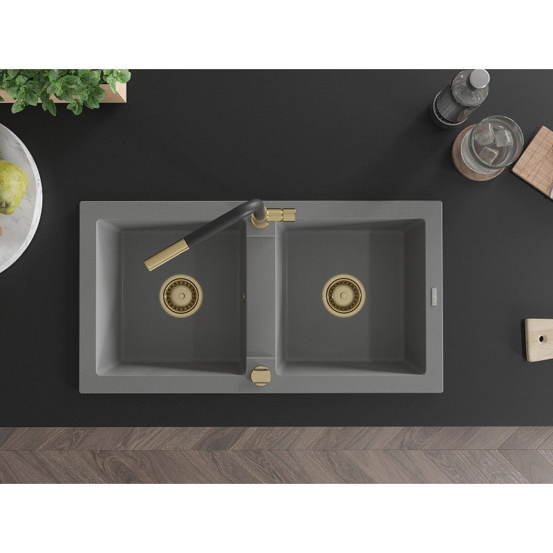 Mexen Mario granito dviejų dubenų virtuvės kriauklė su Flora maišytuvu, pilka - 6504-71-670401-57-G