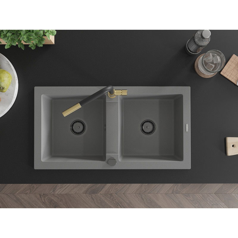 Mexen Mario granitinis dviejų skylių plautuvė su Flora virtuviniu maišytuvu, pilkas - 6504-71-670401-57-B