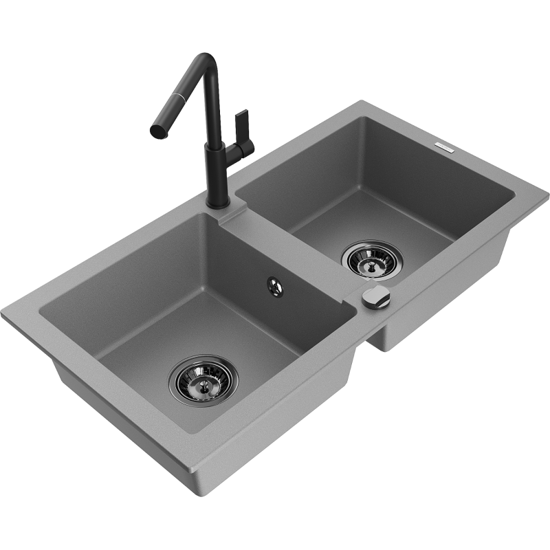 Mexen Mario 2 skyrių granito virtuvės plautuvė su Flora virtuvės maišytuvu, pilka - 6504-71-670401-70-B
