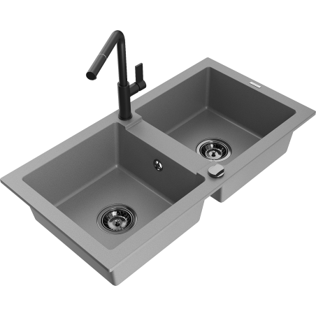 Mexen Mario 2 skyrių granito virtuvės plautuvė su Flora virtuvės maišytuvu, pilka - 6504-71-670401-70-B
