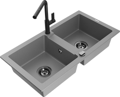 Mexen Mario 2 skyrių granito virtuvės plautuvė su Flora virtuvės maišytuvu, pilka - 6504-71-670401-70-B