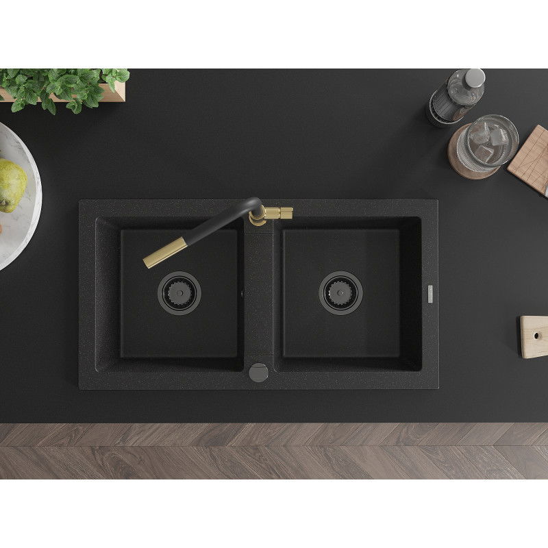 Mexen Mario granitinė dviejų skyrių plautuvė su virtuviniu maišytuvu Flora, juodas/sidabrinis metalikas - 6504-73-670401-57-B