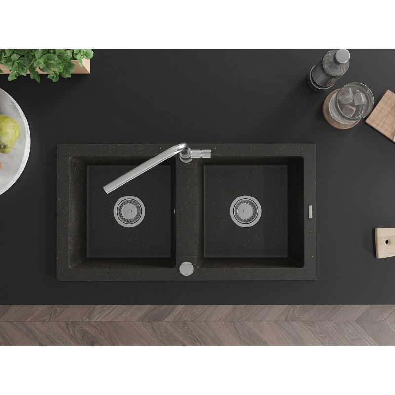 Mexen Mario dviejų skyrių granito plautuvė su Flora virtuviniu maišytuvu, juoda/auksinio metalo - 6504-75-670401-00