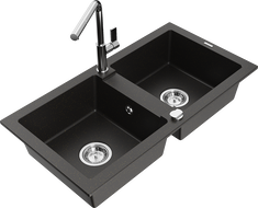 Mexen Mario granitinė 2-jų skyrių plautuvė su virtuviniu maišytuvu Flora, juodas/auksinis metalikas - 6504-75-670401-00