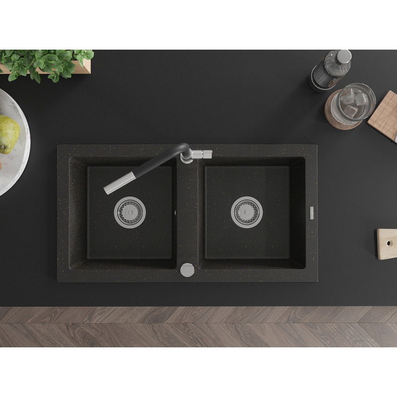 Mexen Mario dviejų skyrių granitinė plautuvė su Flora virtuvės maišytuvu, juoda/auksinės spalvos metalikas - 6504-75-670401-07