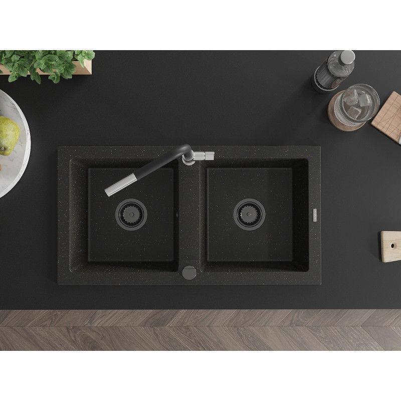 Mexen Mario dviejų kamerų granito kriauklė su virtuviniu maišytuvu Flora, juoda/auksinis metalikas - 6504-75-670401-07-B