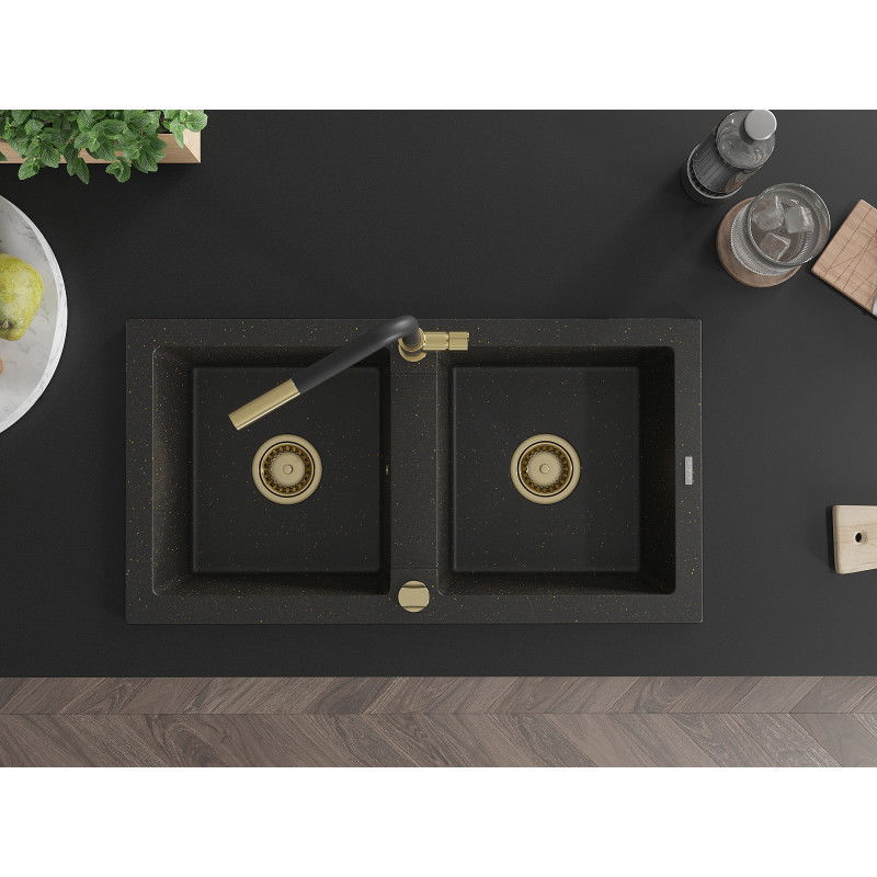 Mexen Mario granito plautuvė 2 skylių su Flora virtuvės maišytuvu, juoda/aukso metalo - 6504-75-670401-57-G