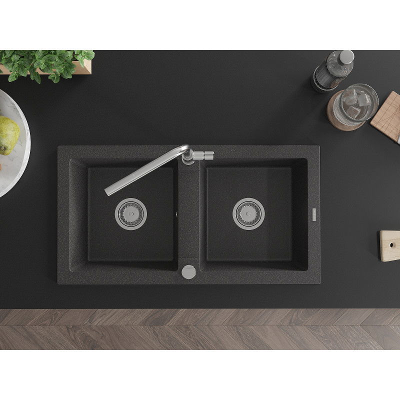 Mexen Mario dviejų skyrių granito plautuvė su Flora virtuviniu maišytuvu, juoda su taškeliais - 6504-76-670401-00