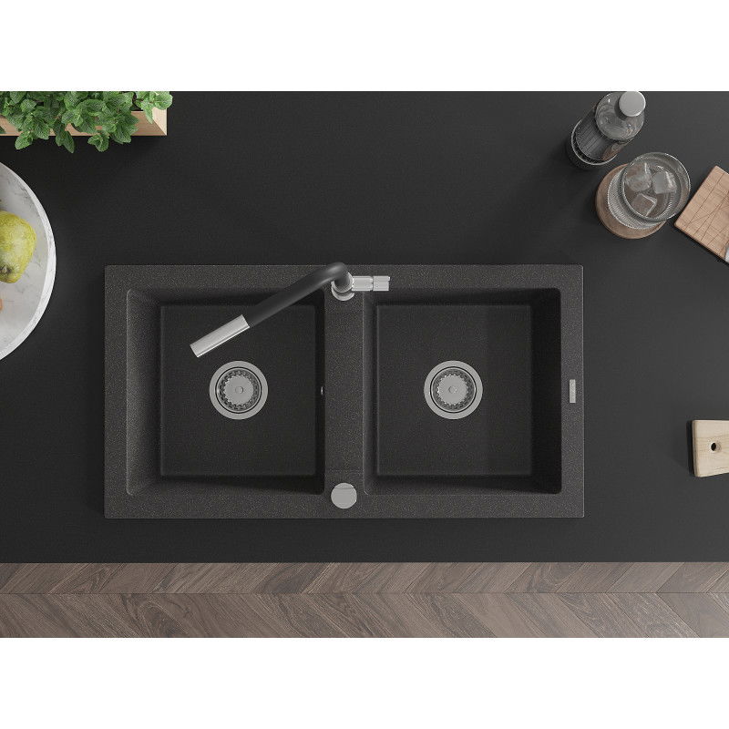Mexen Mario granito plautuvė dviejų dalių su Flora virtuvės maišytuvu, juoda taškuota - 6504-76-670401-07