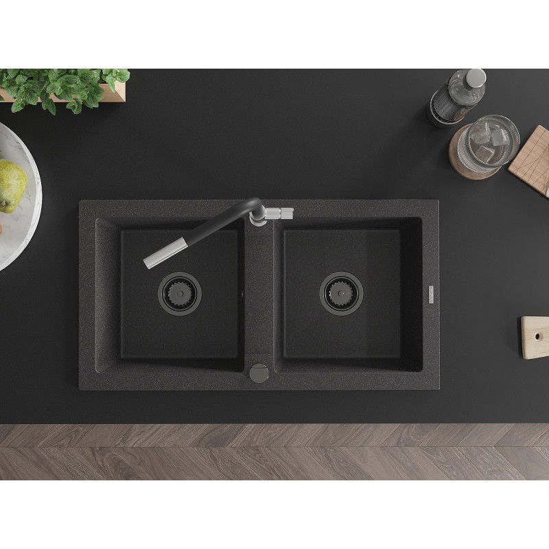 Mexen Mario granito dviejų skyrių virtuvinė plautuvė su Flora maišytuvu, juoda taškuota - 6504-76-670401-07-B