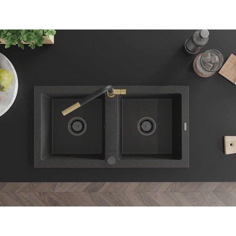 Mexen Mario granitinė dviejų skyrių plautuvė su Flora virtuvės maišytuvu, juoda dėmėta - 6504-76-670401-57-B