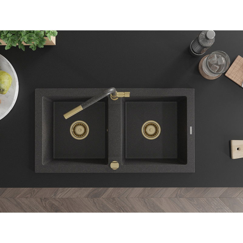 Mexen Mario granito plautuvė su dviem dubenimis, su Flora virtuviniu maišytuvu, juodas su dėmėmis - 6504-76-670401-75-G