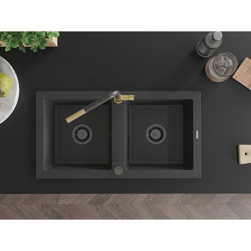 Mexen Mario granito dviejų kamerų virtuvės kriauklė su Flora maišytuvu, juodas taškuotas - 6504-76-670401-75-B