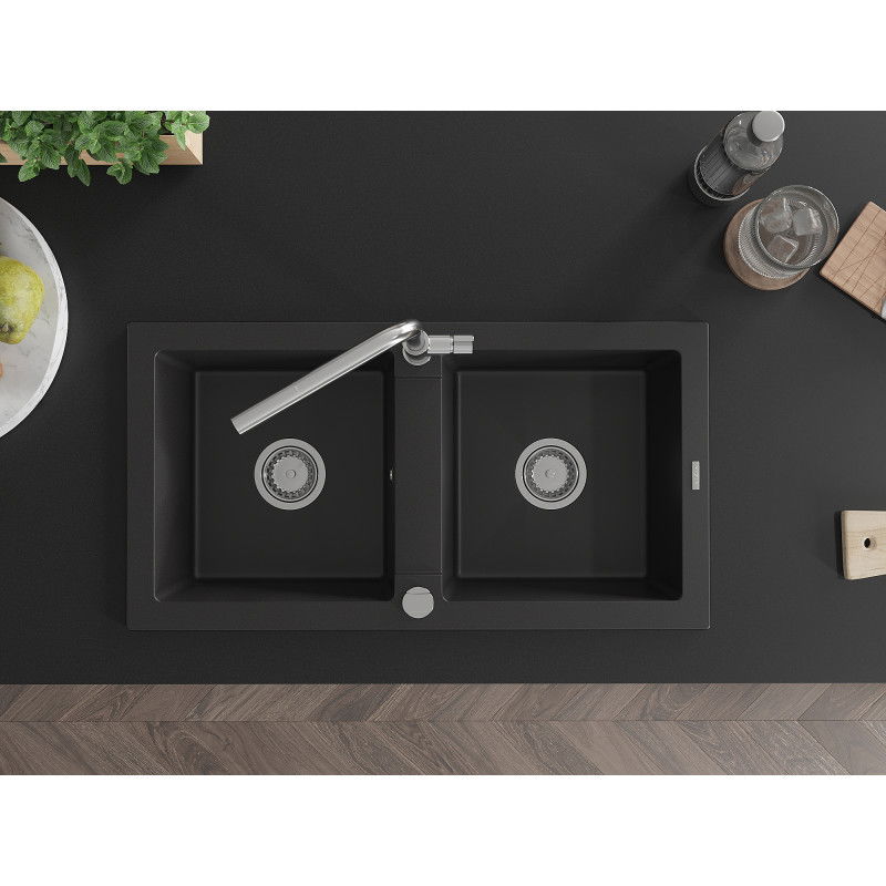 Mexen Mario granitinė 2 skyrių plautuvė su virtuviniu maišytuvu Flora, juoda - 6504-77-670401-00