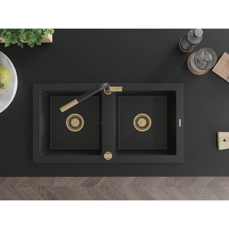 Mexen Mario granito dviejų skyrių plautuvė su Flora virtuvės maišytuvu, juoda - 6504-77-670401-57-G