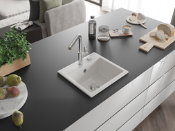 Mexen Milo granitinis 1-dubenų virtuvės kriauklė su Flora maišytuvu, balta - 6505-20-670401-00