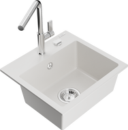 Mexen Milo granitinis 1-dubenų virtuvės kriauklė su Flora maišytuvu, balta - 6505-20-670401-00