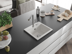 Mexen Milo granitinė 1 skyrelio kriauklė su virtuviniu maišytuvu Flora, balta - 6505-20-670401-06