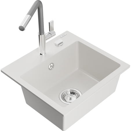 Mexen Milo granitinė 1 skyrelio kriauklė su virtuviniu maišytuvu Flora, balta - 6505-20-670401-06