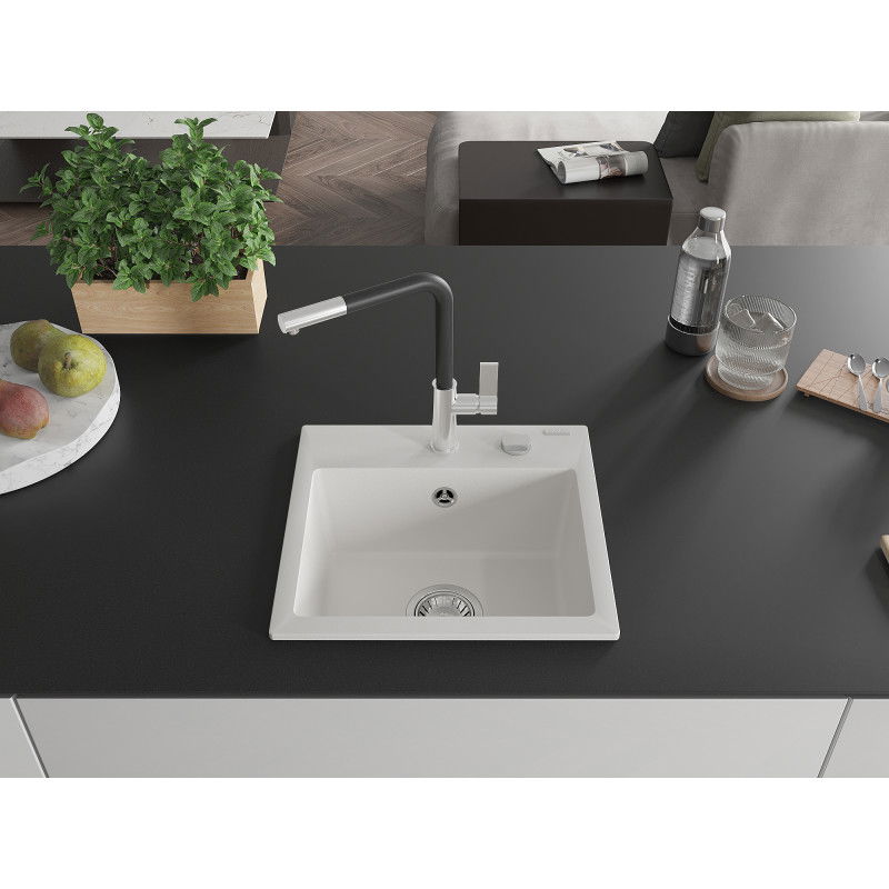 Mexen Milo granitinė plautuvė, 1 skyrius, su virtuviniu maišytuvu Flora, balta - 6505-20-670401-07