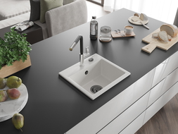 Mexen Milo vienosios kameros granito plautuvė su virtuviniu maišytuvu Flora, balta - 6505-20-670401-07-B