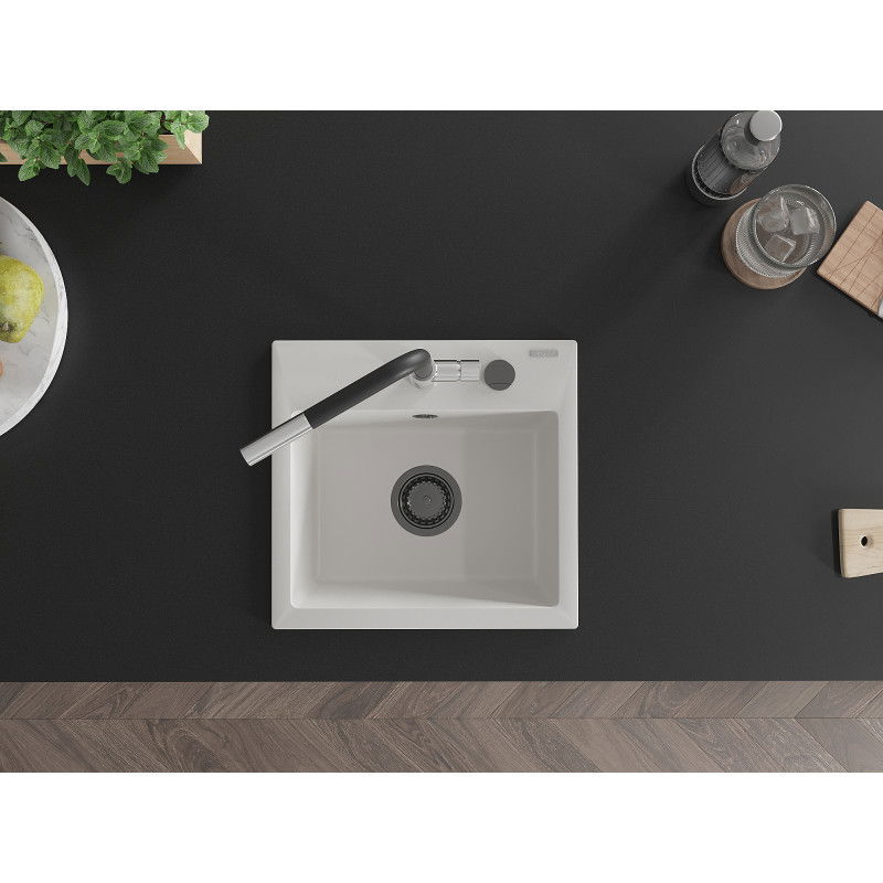 Mexen Milo vienosios kameros granito plautuvė su virtuviniu maišytuvu Flora, balta - 6505-20-670401-07-B