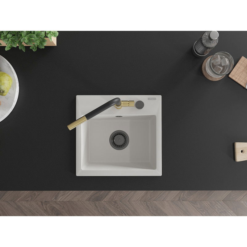 Mexen Milo granitinė vienos kameros kriauklė su virtuviniu maišytuvu Flora, balta - 6505-20-670401-57-B