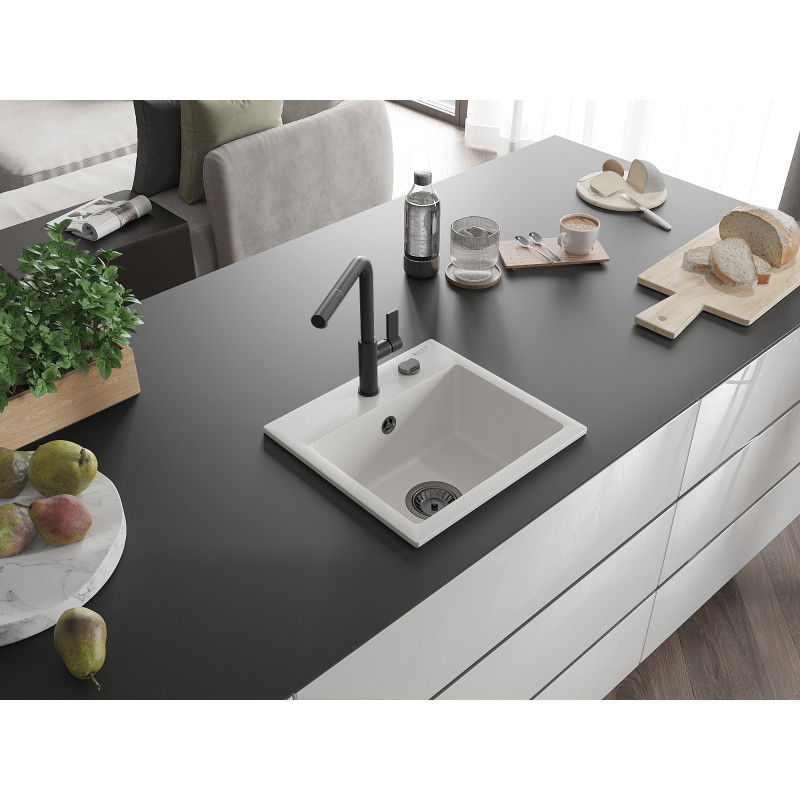 Mexen Milo vienos kameros granito plautuvė su Flora virtuviniu maišytuvu, baltas - 6505-20-670401-70-B