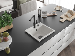 Mexen Milo vienos kameros granito plautuvė su Flora virtuviniu maišytuvu, baltas - 6505-20-670401-70-B