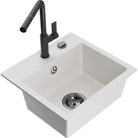 Mexen Milo granitinė vienos kameros kriauklė su Flora virtuviniu maišytuvu, balta - 6505-20-670401-70-B