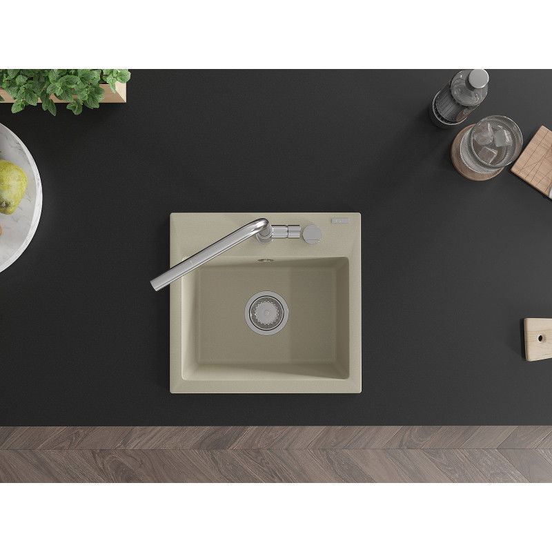 Mexen Milo vienos kameros granitinis kriauklė su virtuvės maišytuvu Flora, smėlio spalvos - 6505-69-670401-00