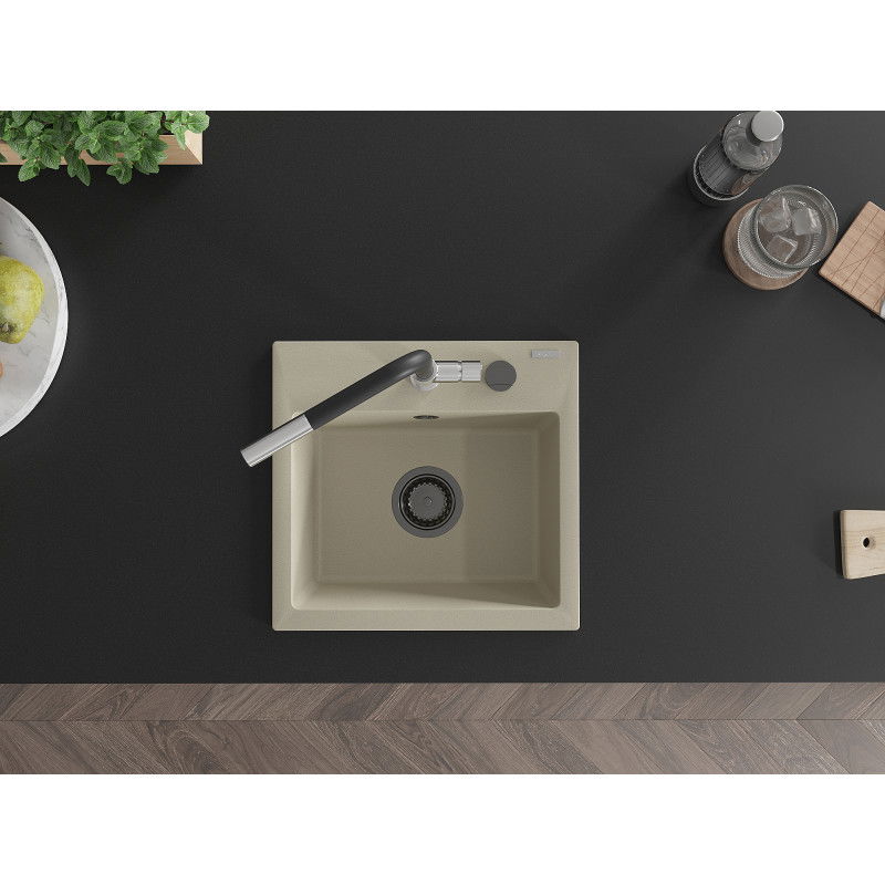 Mexen Milo vienos sekcijos granitinė plautuvė su Flora virtuviniu maišytuvu, smėlio spalvos - 6505-69-670401-07-B