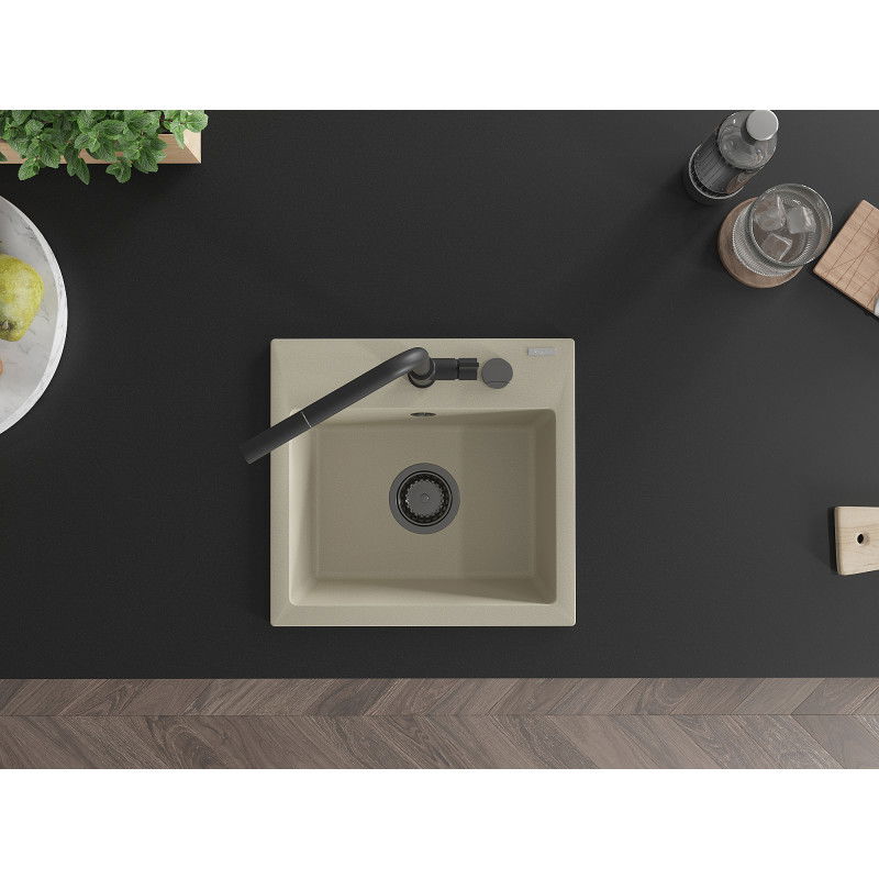 Mexen Milo granitinė vienos kameros virtuvės plautuvė su Flora maišytuvu, smėlio spalvos - 6505-69-670401-70-B