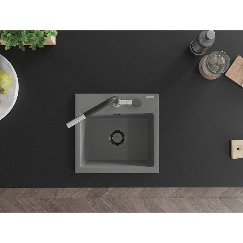 Mexen Milo vienos dubens granitinė plautuvė su virtuves čiaupu Flora, pilka - 6505-71-670401-07-B