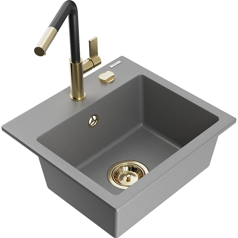 Mexen Milo granitinė plautuvė 1-jų kamerų su Flora virtuviniu maišytuvu, pilka - 6505-71-670401-57-G
