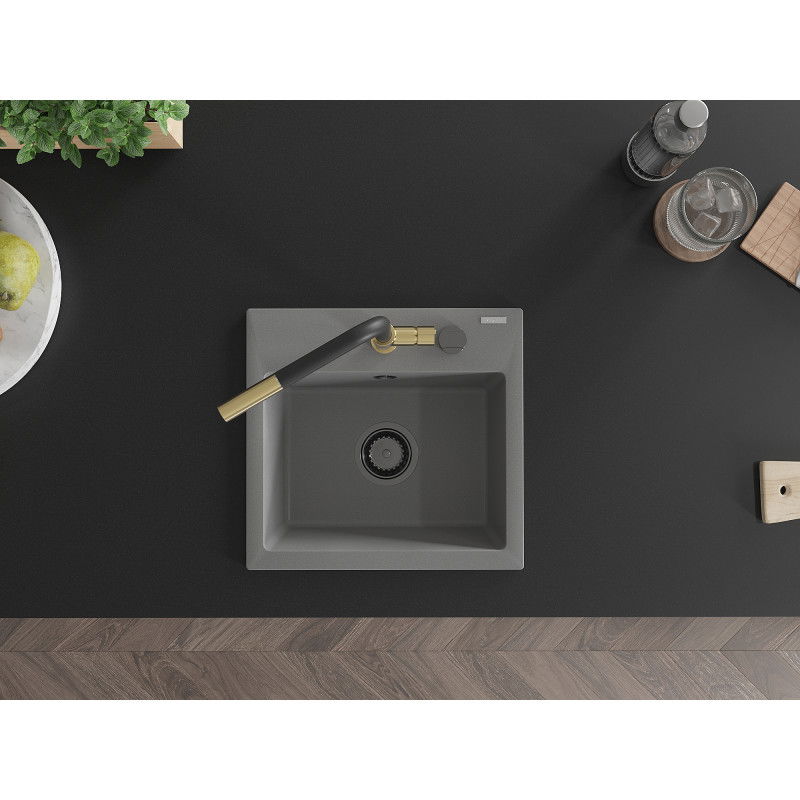 Mexen Milo vienos kameros granitinis plautuvas su virtuviniu maišytuvu Flora, pilkas - 6505-71-670401-57-B