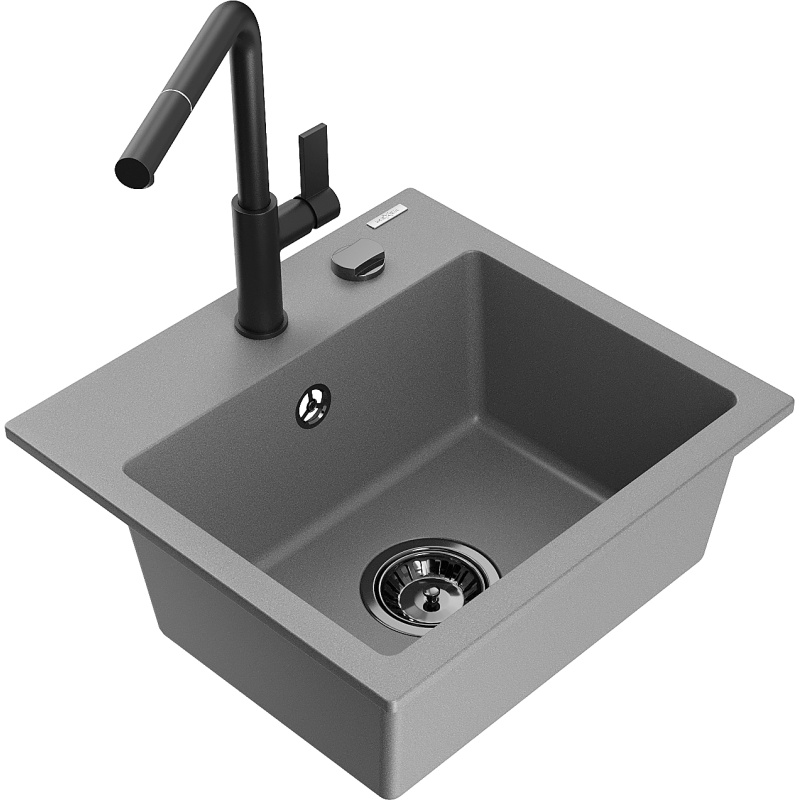 Mexen Milo granitinis vienos kameros kriauklė su Flora virtuviniu maišytuvu, pilka - 6505-71-670401-70-B