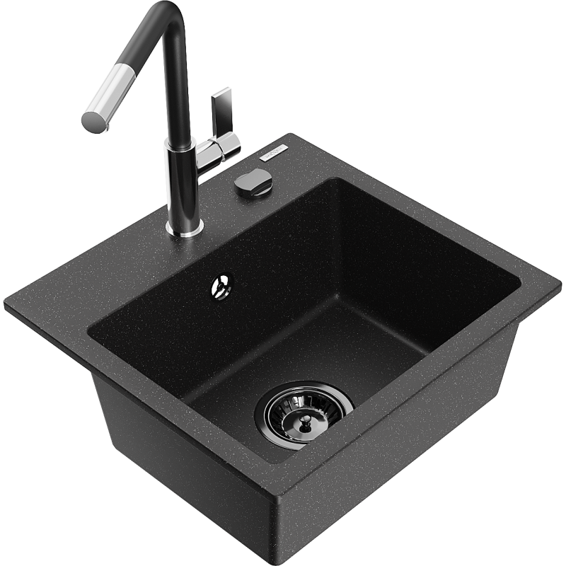 Mexen Milo granito plautuvė su viena sekcija ir virtuviniu maišytuvu Flora, juodas/sidabrinis metalikas - 6505-73-670401-07-B