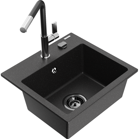 Mexen Milo granito plautuvė su viena sekcija ir virtuviniu maišytuvu Flora, juodas/sidabrinis metalikas - 6505-73-670401-07-B