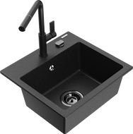 Mexen Milo 1 kamerų granito plautuvė su Flora virtuvės maišytuvu, juodas/sidabrinis metalikas - 6505-73-670401-70-B