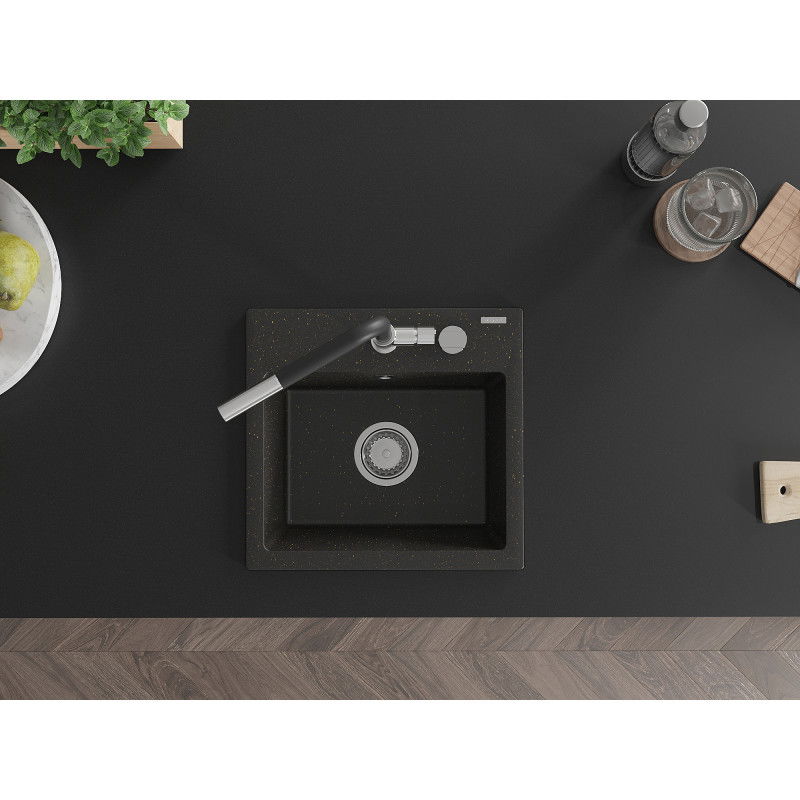 Mexen Milo granitinė plautuvė su vienu dubeniu ir Flora virtuvinis maišytuvas, juoda/auksinis metalikas - 6505-75-670401-07