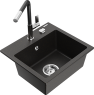 Mexen Milo granitinė plautuvė su vienu dubeniu ir Flora virtuvinis maišytuvas, juoda/auksinis metalikas - 6505-75-670401-07